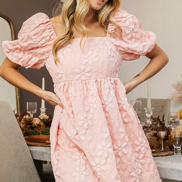 BiBi Pink Flower Square Neck Puff Sleeve Dress - Size XL - Picture 2 of 3